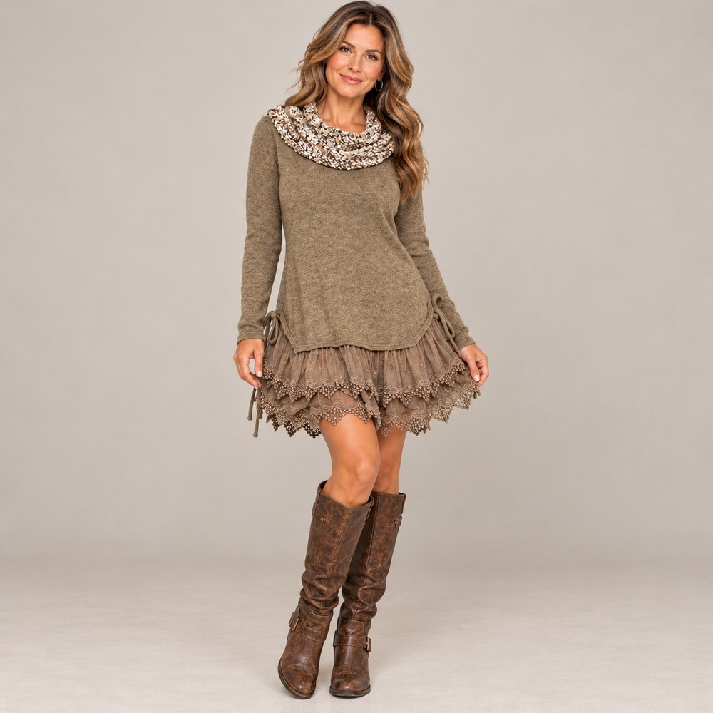 Altar'd State Tunic Sweater Mini Dress Womens Medium Brown Lace Hem Cowl Neck